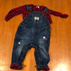 OshKosh denim/buffalo plaid overalls and shirt